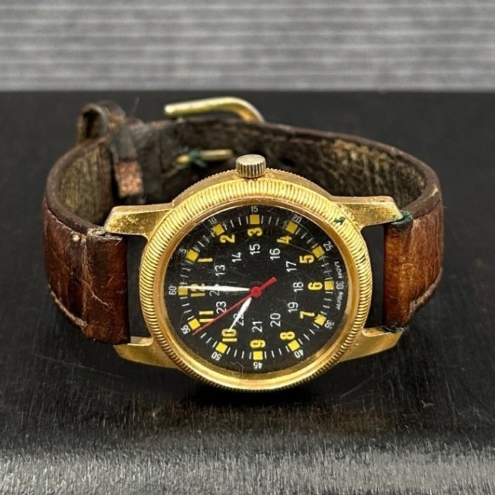 Vintage Military Field Watch Gold Tone Black Dial Japan Movt Brown Leather Strap
